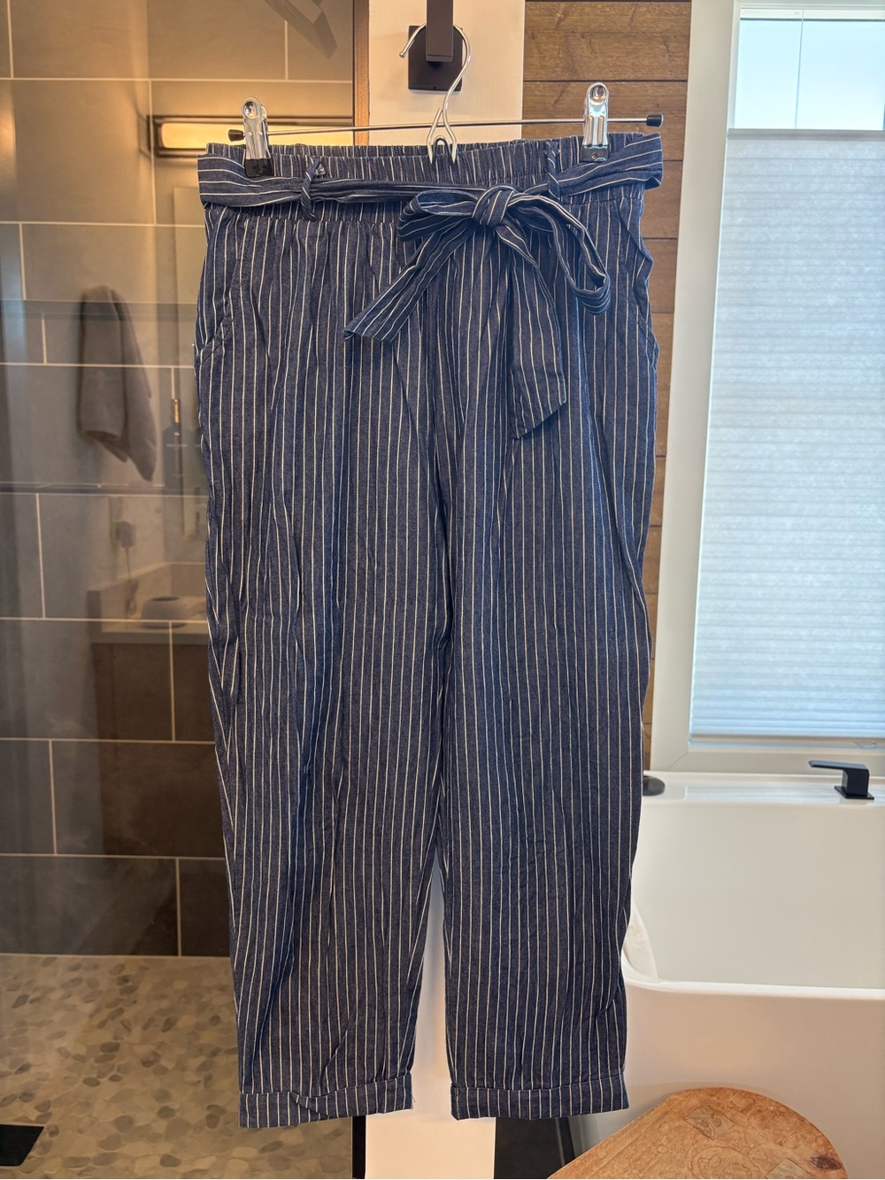 Final Touch -Striped Paperbag Waist Trousers - Navy